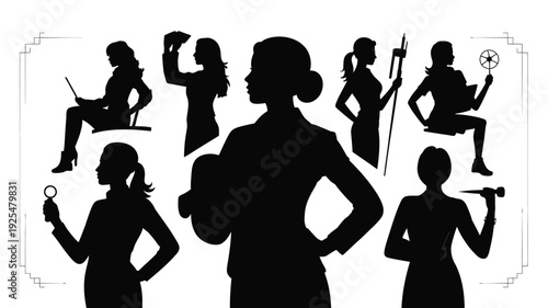 Silhouette of multiple women in various professional roles and poses vector illustration black on white background