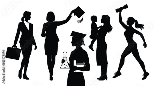 Silhouettes of women in various professional and personal roles showcasing empowerment and diversity in career and family life