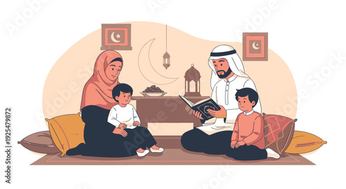 Muslim family reading Quran together at home.