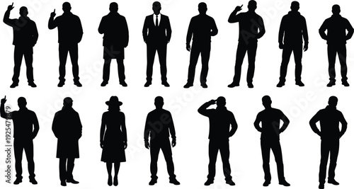 Black man silhouette set, standing male figures in business and casual poses, people walking and gesturing, diverse group of gentleman icons