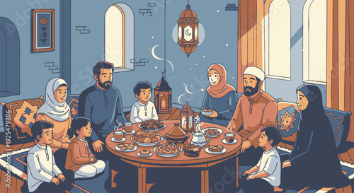 A Muslim family gathering for iftar meal.