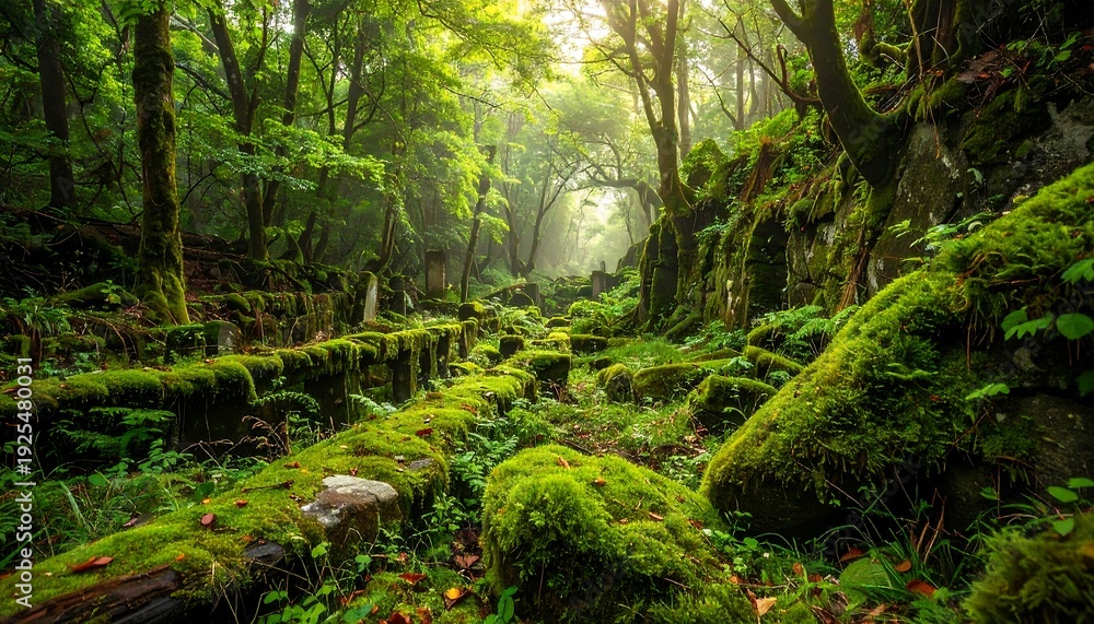 Fototapeta premium Mossy forest path with firefly light in dense foliage, serene natural environment viewed from a low angle.