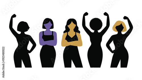 Diverse group of confident women in empowering poses silhouettes in various colors on white background symbolizing female strength and solidarity