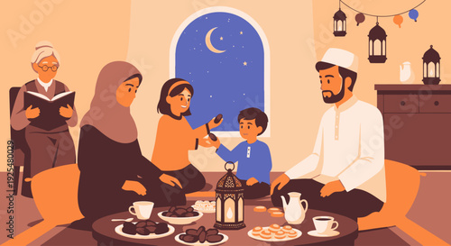 A Muslim family gathering for iftar during Ramadan.