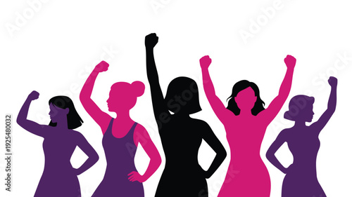 Empowered women in solidarity celebrating female strength and unity with raised fists in pink purple and black silhouettes on white background