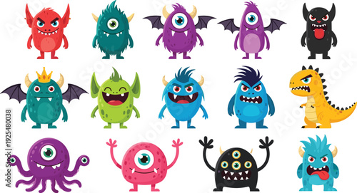 Cute Cartoon Monsters Vector Set with Funny Colorful Fantasy Creatures for Kids Illustration