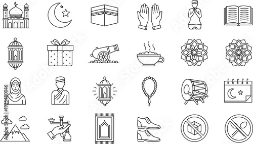 Islamic and Ramadan Line Icon Set with Mosque, Crescent Moon, Prayer, Quran, Lantern, and Eid Symbols