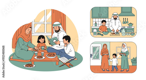 Illustration of Muslim family sharing a meal together at home with children.