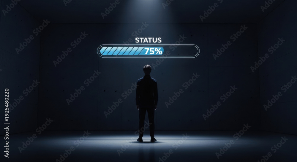 Obraz premium Person standing below digital status loading bar