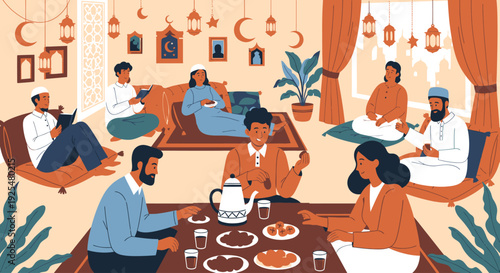Illustration of people gathering for iftar during Ramadan in a cozy home setting.