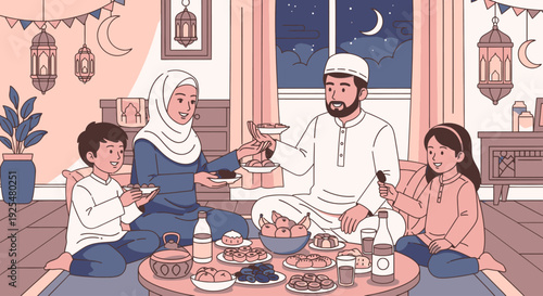 A Muslim family breaking their fast together.
