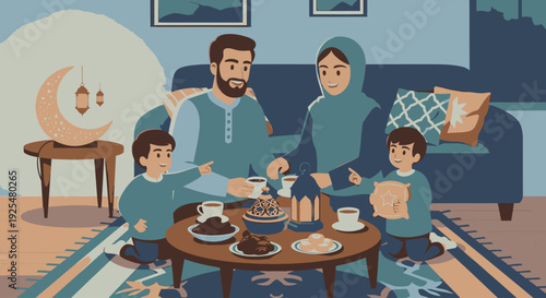 A Muslim family gathering for iftar during Ramadan.