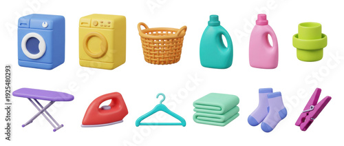 Colorful 3D set of laundry icons featuring a washing machine, dryer, basket, iron, and detergent, presented in a clean, minimalist style for household chore concepts