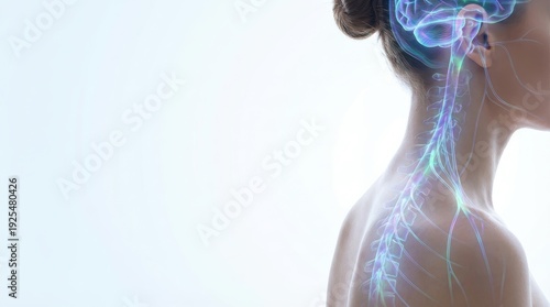 Close up of a human head and upper back displaying an illuminated brain and intricate nervous system