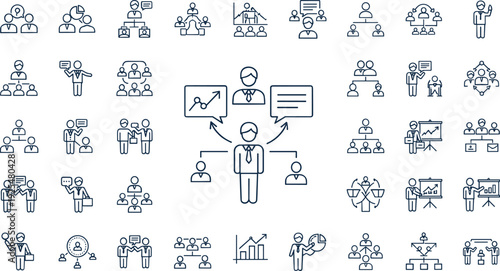 Leadership and Team Management Line Icon Set with Business Presentation, Collaboration, Organization Chart, and Communication Symbols