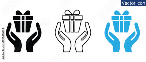 Versatile vector icons of hands holding gift boxes in black, white, and blue, perfect for business, marketing, and web design projects