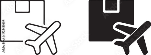 Icon set for air freight shipping and logistics with a cardboard box and an airplane isolated on white background, illustration