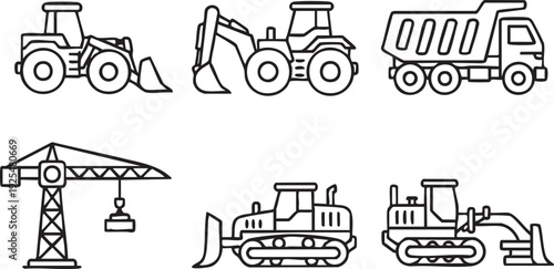 A collection of various types of construction equipment and machinery.