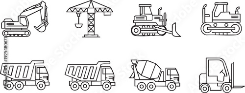 A collection of various construction vehicles and equipment in black and white