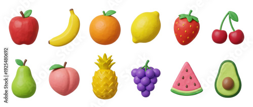 Colorful collection of various clay fruits including apple, banana, strawberry, and pineapple, rendered in a cute 3D plasticine style for creative food concepts