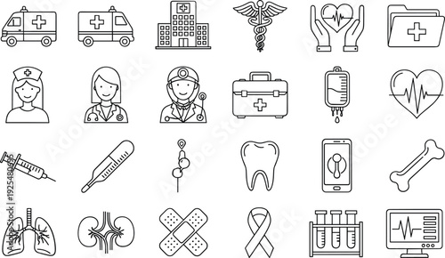 Medical and Healthcare Line Icon Set with Doctor, Nurse, Hospital, Ambulance, Syringe, and Health Symbols
