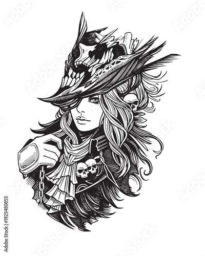 Detailed Illustration of a Mysterious Woman in Elaborate Headwear.