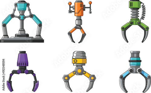 Industrial Robotic Claw Gripper Vector Set with Mechanical Robot Arms for Factory Automation
