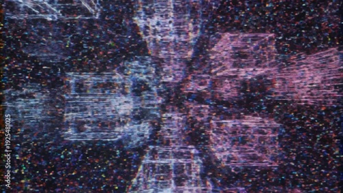 Glitchy TV screen with distorted colors and static noise in a dark room