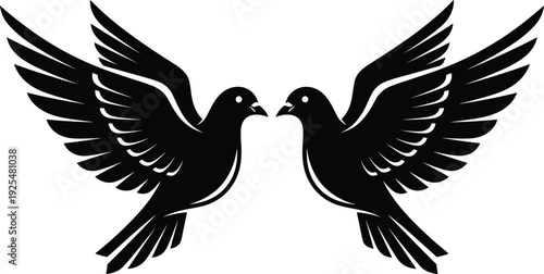 Two black doves facing each other with spread wings vector silhouette illustration isolated on white background symmetrical bird logo design