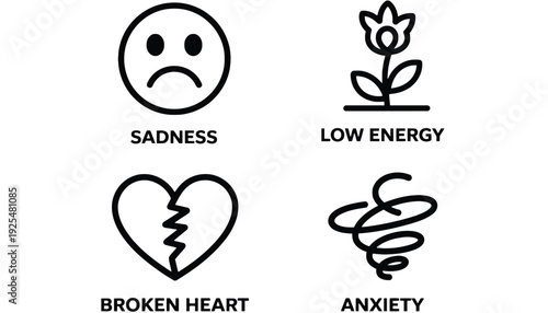 Sadness icon set with broken heart and anxiety symbols in black