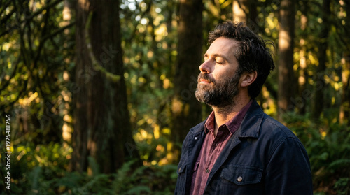 Bearded man stands peacefully with eyes closed in a dense, sunlit forest, inhaling fresh air deeply during a moment of quiet contemplation.