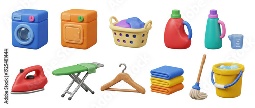 Colorful 3D icon set of laundry and household cleaning supplies featuring a washing machine, dryer, iron, and detergent in a playful, modern cartoon style