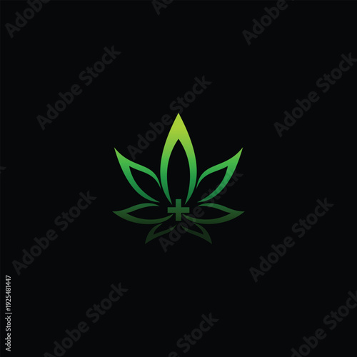 Green Cannabis Leaf Logo on Black Background for Medical Purposes.