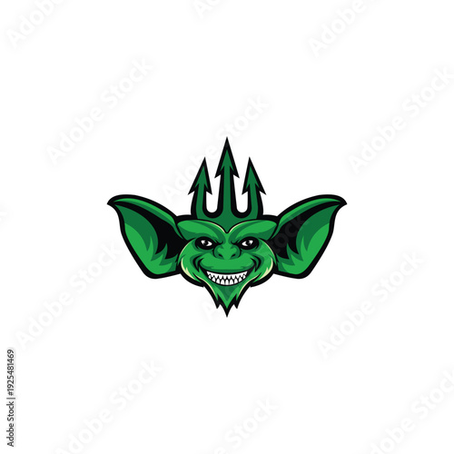 Green goblin with trident logo evil creature fantasy illustration.