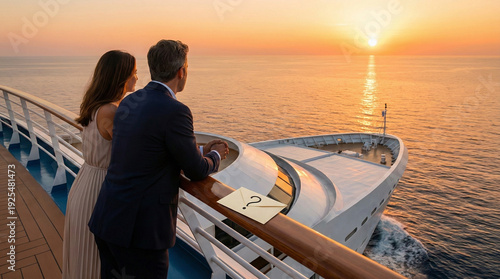 Elegant couple enjoying sunset view from luxury cruise ship balcony