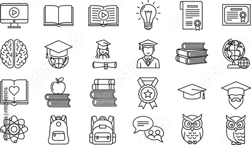Online Education and E Learning Line Icon Set with Graduation Cap, Books, Diploma, Brain, and Knowledge Symbols