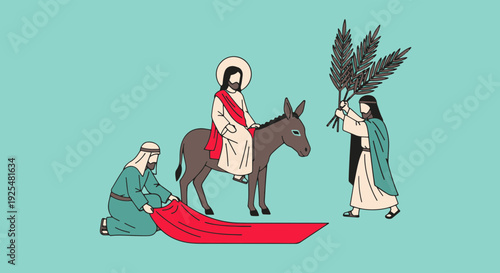 Jesus Riding a Donkey While People Lay Cloaks and Wave Palm Branches on Palm Sunday Celebration