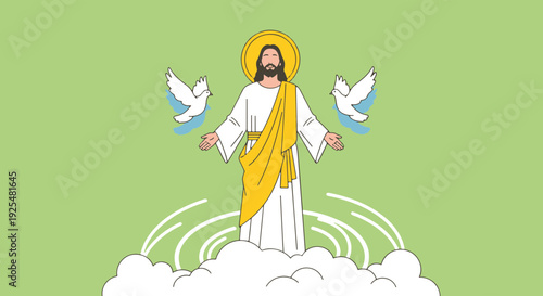 Palm Sunday Inspired Christian Art Portraying Jesus Christ with Serene Doves and Ascending Clouds