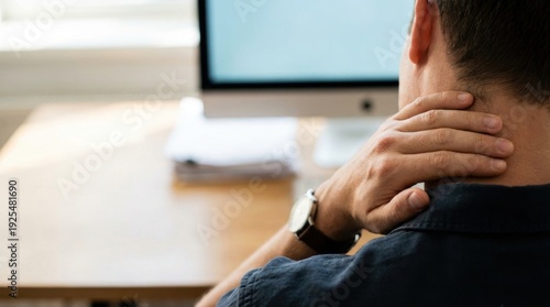 Rear view of a man experiencing neck pain while working at a computer desk His hand is placed on his aching neck