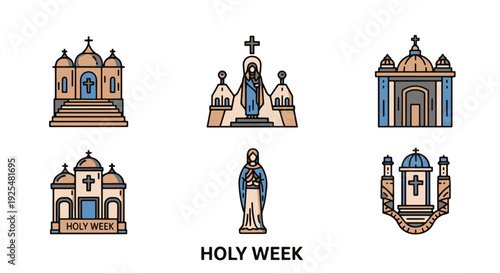 Christian Holy Week Religious Symbols Depicting Varied Churches and Virgin Mary for Palm Sunday