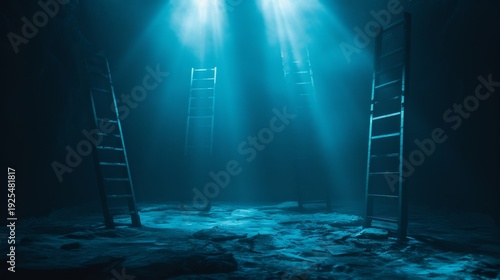 Atmospheric ladders in a surreal blue-lit cavern