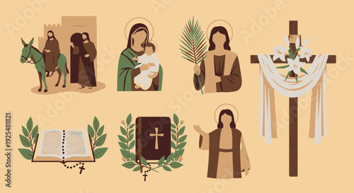 Palm Sunday and Easter Celebration of Faith with Diverse Christian Icons and Sacred Themes