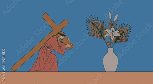 Palm Sunday Scene with Jesus Carrying Cross Symbolizing Sacrifice and Spiritual Journey to Easter