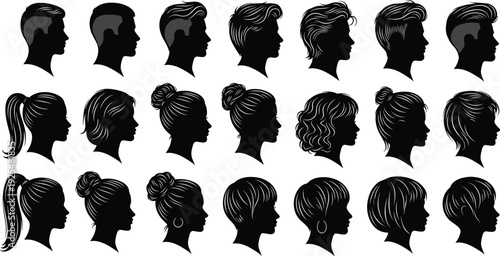 Black, side, profile, head, silhouettes, set, male, and, female, hairstyles, isolated, on, white, background, vector, icons, hair, salon, beauty, collection.