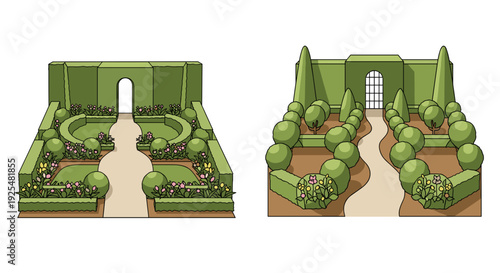 A minimalist vector illustration of two symmetrical garden layouts with green hedges and pathways