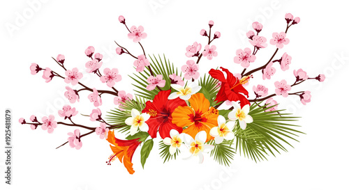 A vibrant floral arrangement with cherry blossoms and tropical flowers in a colorful design