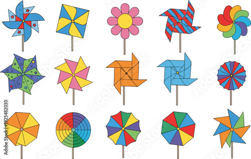 Colorful Pinwheel Vector Set with Spinning Paper Windmill Toys for Kids Isolated Collection