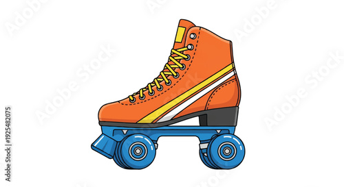 Retro orange roller skate with blue wheels and white accents on a white background, a fun vintage footwear design