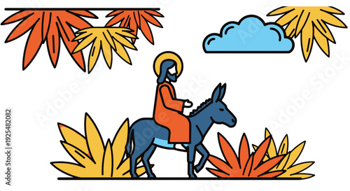 Jesus Riding a Humble Donkey Through Vibrant Palm Leaves and a Bright Sky on Palm Sunday