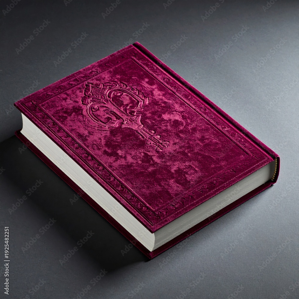 Fototapeta premium Elegant Maroon Velvet Book with Textured Cover on Dark Background Studio Lighting